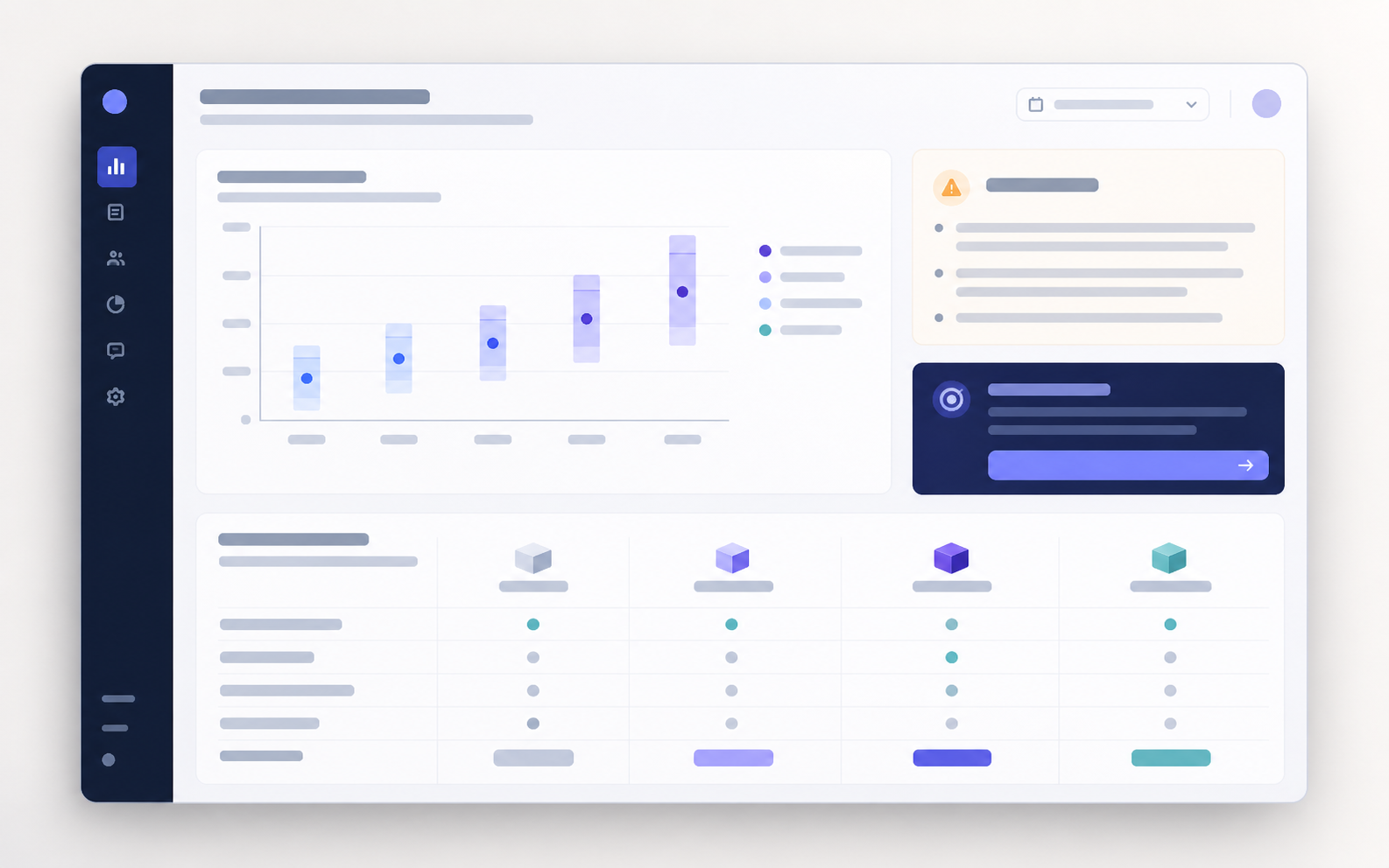 Illustrative pricing decision dashboard showing a range chart, package comparison, caveat panel, and next-step card.